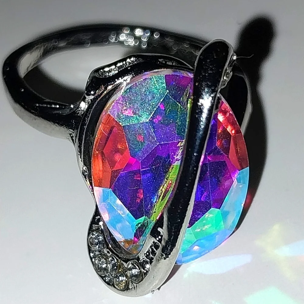 Elegant Multicolor Crystal Silver Ring Sz 9